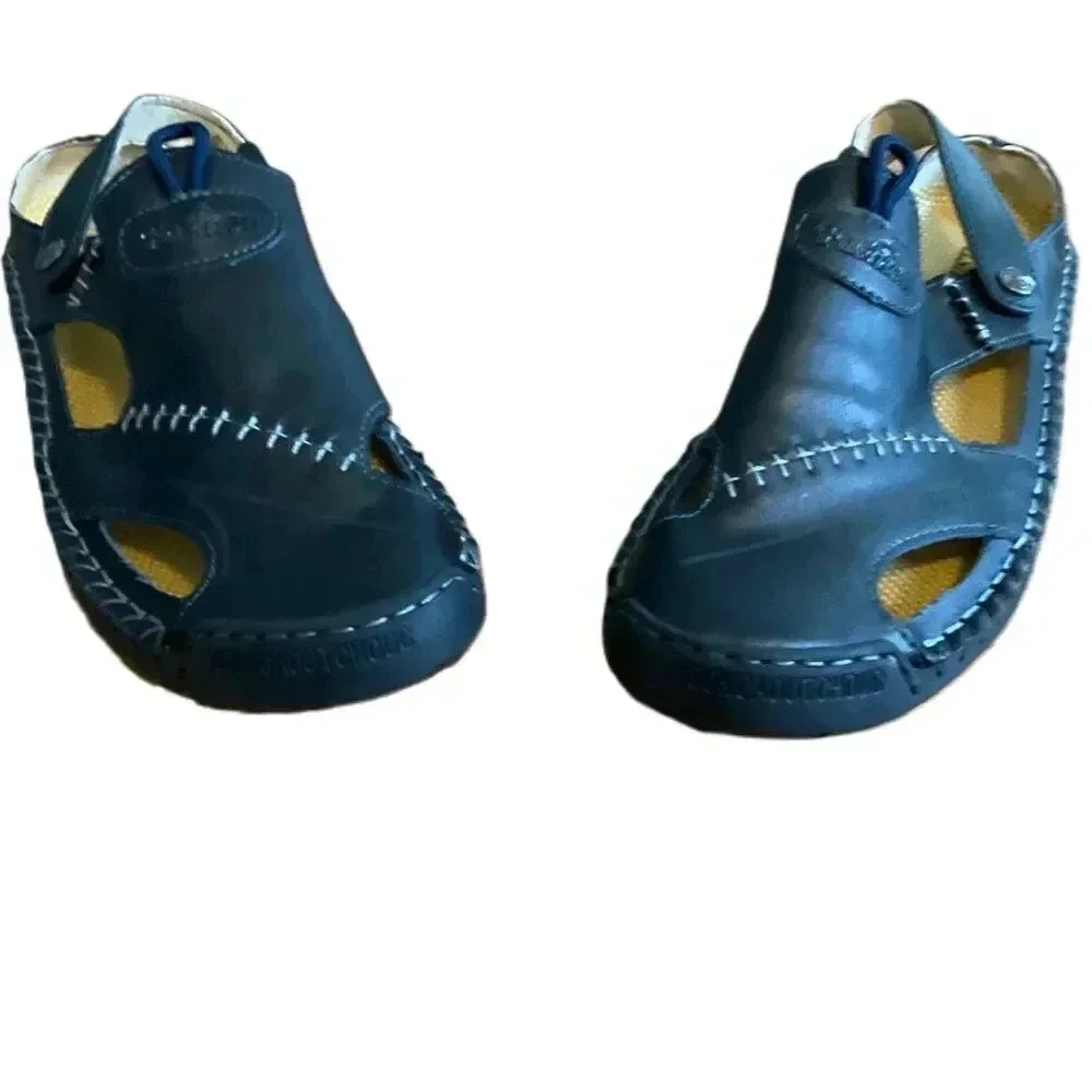 Black Leather Sandals With Stitch‎ Detailing Velcro Strap Casual Size 42